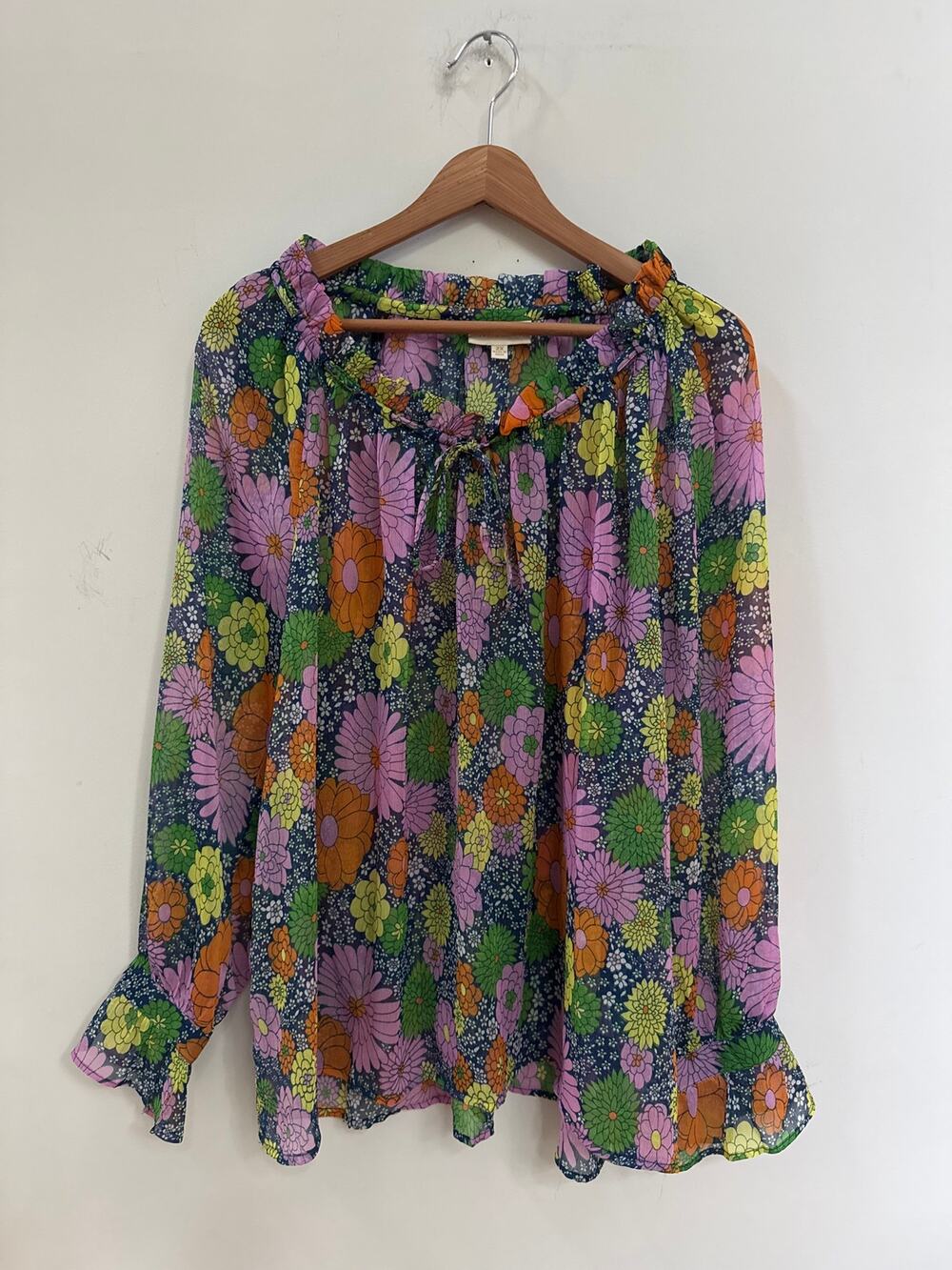 ModCloth Colorful Floral Blouse Hippie Festival Boho Sheer Ruffle Neck Size 2X